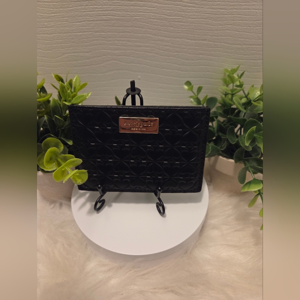 kate spade Quilted Black Patent Leather Card Wallet with Gold Plate
